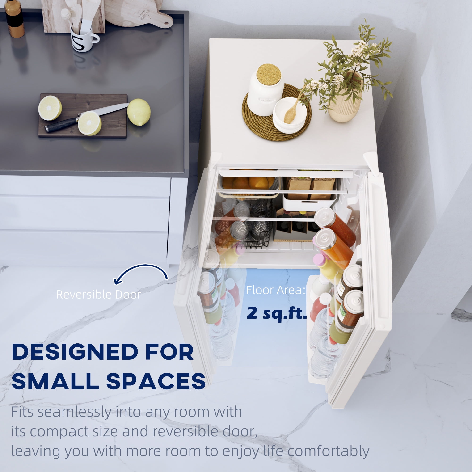 HOMCOM 4.5 Cu Ft Mini Fridge with Freezer, Wheels, Adjustable Thermostat, Single Door Compact Refrigerator for Bedroom, Dorm, Home Office, White