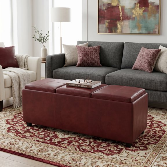 Simpli Home Avalon 42" W Rectangle Storage Ottoman in Red Faux Leather