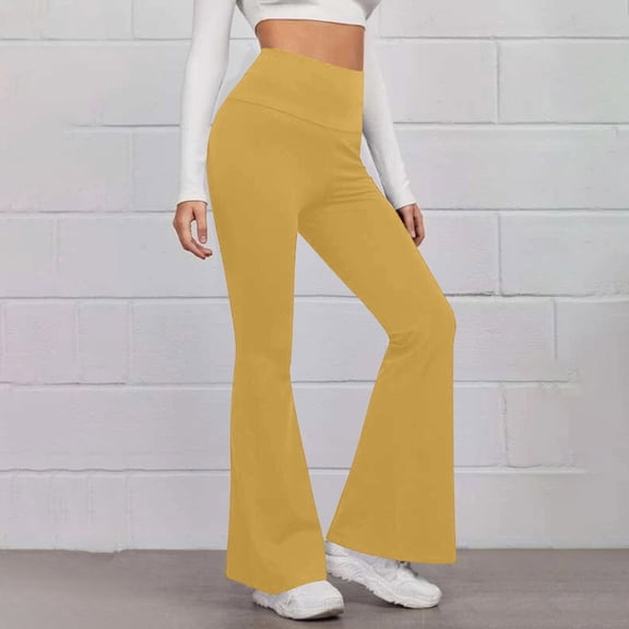 PInxai Yoga Pants for Women Flare Leg High Elastic Waisted Leggings Casual Athletic Skinny Workout Pants Solid Color,Yellow,XL