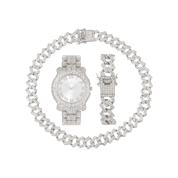 Ice on Blast! Bling'ed Out Hip Hop Rolly Looks w/Ice on Watch & Jewelry -Your Choice of Matching Zig Zag Bling'ed Out Necklace Set or Necklace & Bracelet Set - ZZ Sets (L0504 Shiny SLV ZZ)