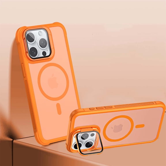 For iPhone 15 Pro Max Magnetic Phone Case,Compatible with Mag-Safe,With Contractile Camera Cover Kickstand,Frosted Translucent Back,Ultra Slim Shockproof Rugged Thin Fit Phone Case,Orange