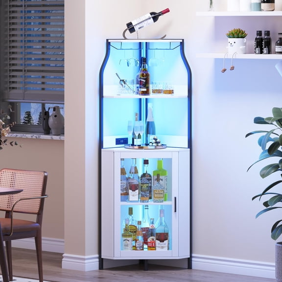 Farmhouse Corner Wine Bar Cabinet – 18.5"x60.6" 5-Tier Liquor Storage, Barn Door, Glass Rack & Adjustable Shelves – White Bas-Relief for Dining Room, Kitchen, Living Room