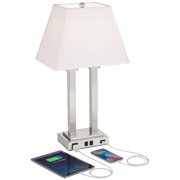 Possini Euro Design Amity Modern Table Lamp 26 High Brushed Nickel with USB and AC Power Outlet in Base White Linen Shade for Bedroom Bedside Desk