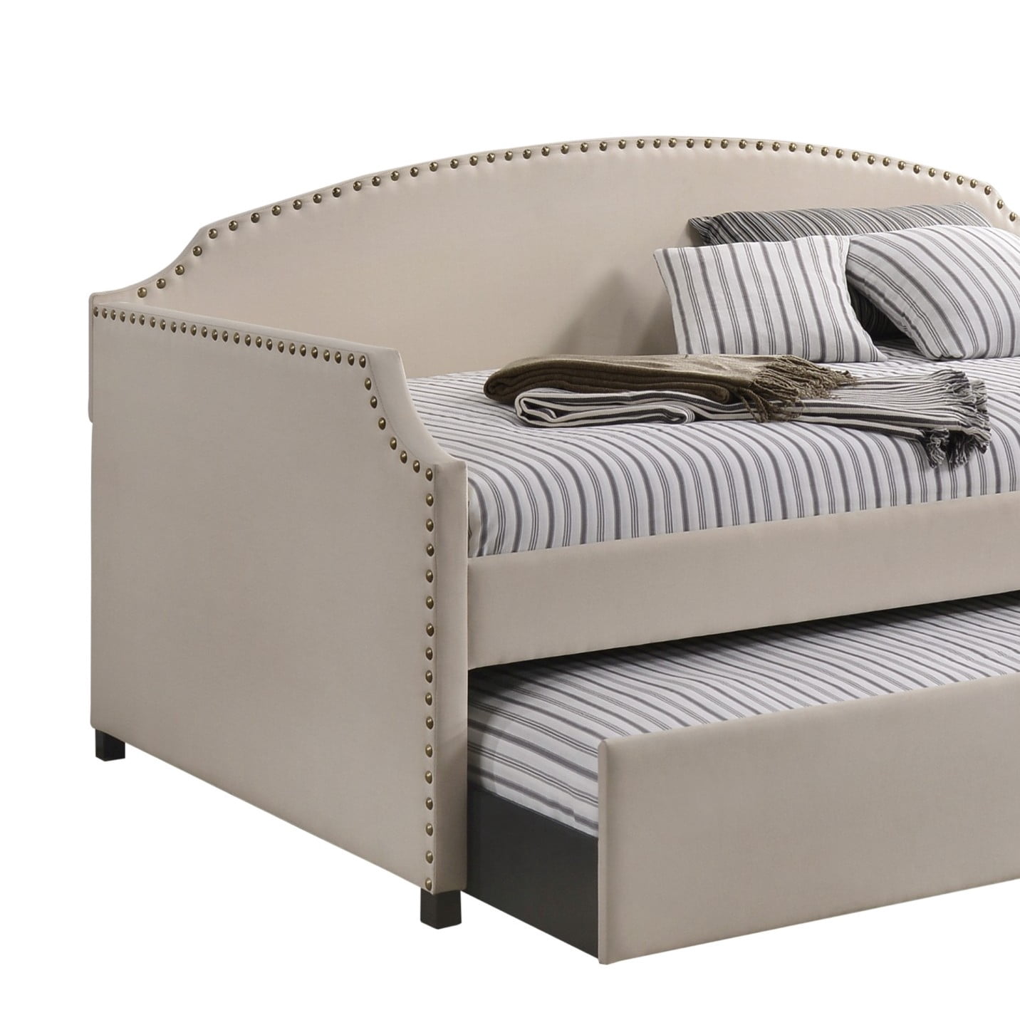 Home Design Yamna Twin Daybed with Linen Upholstery, Pull-Out Trundle, and Nailhead Trim, Stylish and Comfortable Design for Bedroom, Beige