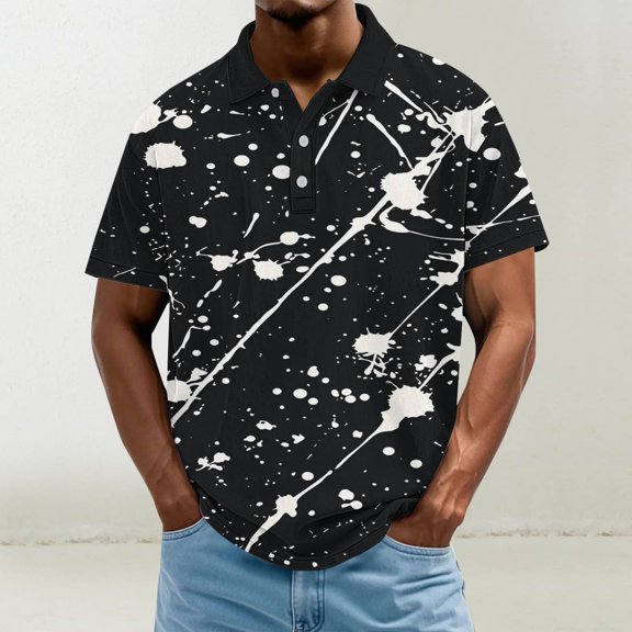SGFCWSX Mens Short Sleeve Polo Shirt, Men Tie-Dye Classic Button Placket Collar Comfortable Casual Golf Shirts Black Size 2XL