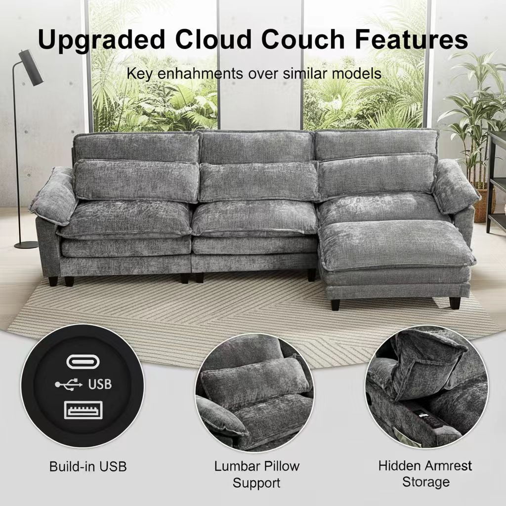 Howcool 113" Modular Sectional Sofa , 3 Seater L-Shaped Cloud Couch with Movable Ottoman, USB Charging Ports & Side Pockets, Sectional couchs for Living Room,Chenille Fabric,Grey(Thick Sponge)