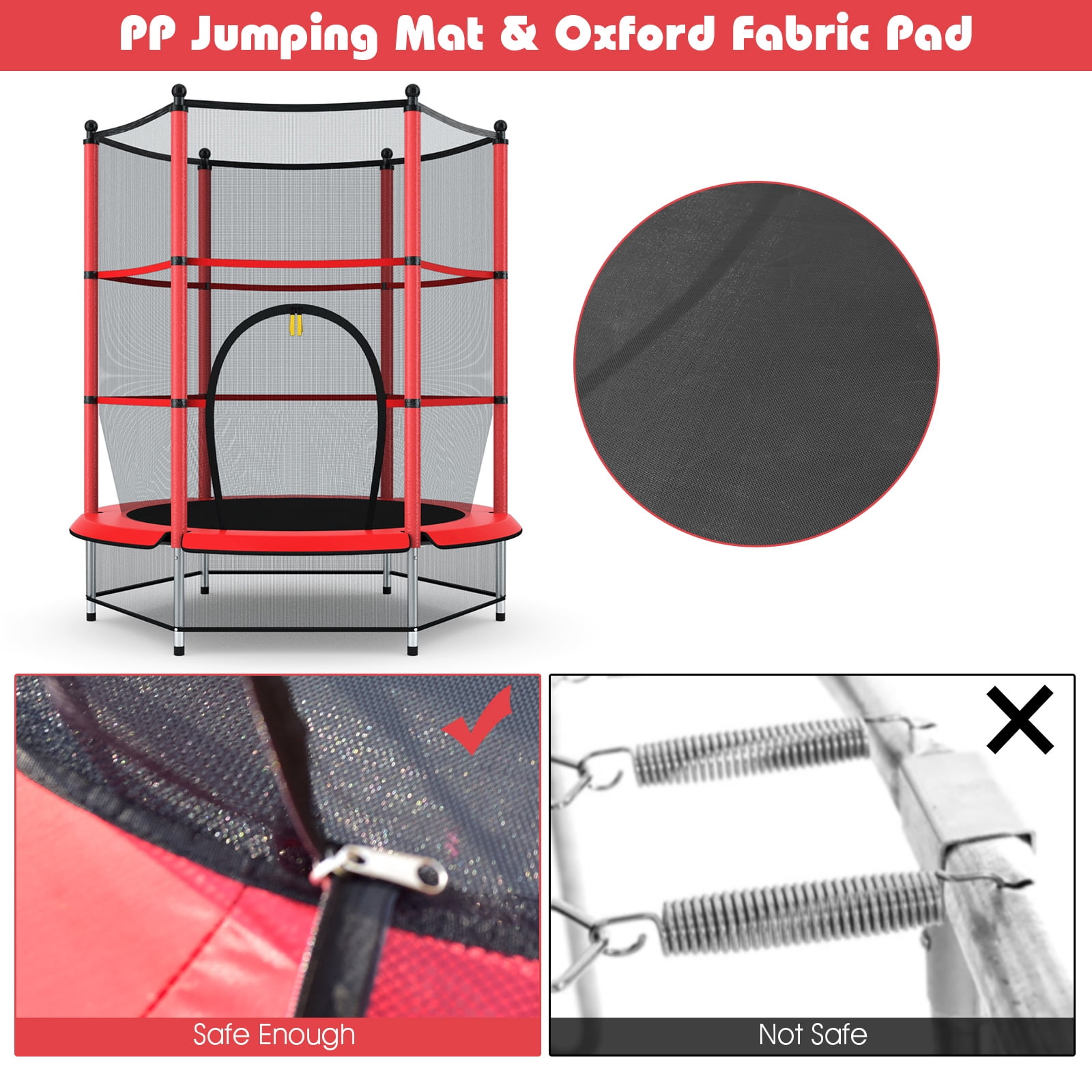 Topbuy Kids Round Jumping Trampoline Combo Bed Trampoline W/ Safety Enclosure Net Red