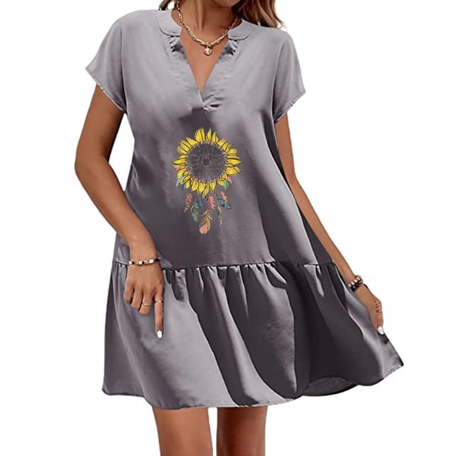 SMihono Robe d'Été Grande Taille pour Femmes 2023 Décontractée Aguichant Mode Col en V Manches Courtes Imprimé Coton Lin Évasée Jupe Courte Robe