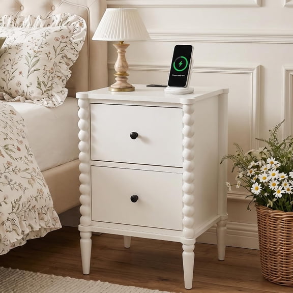 White Nightstand with Charging Station & Drawers, Vintage Bedside Table