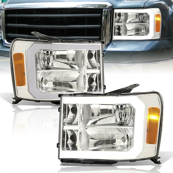 AJP Distributors LED DRL Chrome Housing Clear Lens Amber Reflectors Signal Headlights Lamps Lights Pair Compatible/Replacement For GMC Sierra 1500 2500HD 3500HD 2007 2008 2009 2010 2011 2012 2013 2014