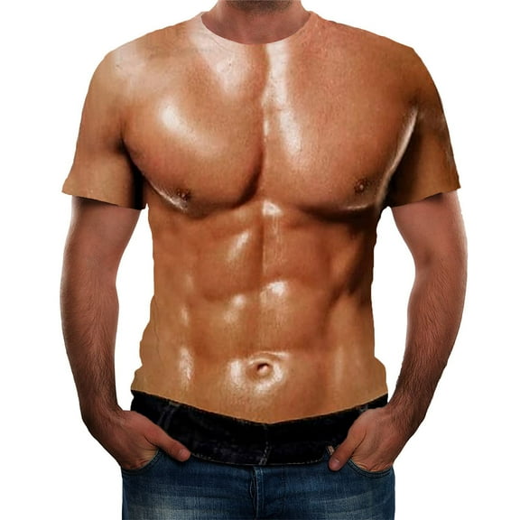 Rciityk Men's Naked Muscle T-Shirt Top Funny Graphic Print Top Prank T-Shirt Round Neck Short Sleeve T-Shirt