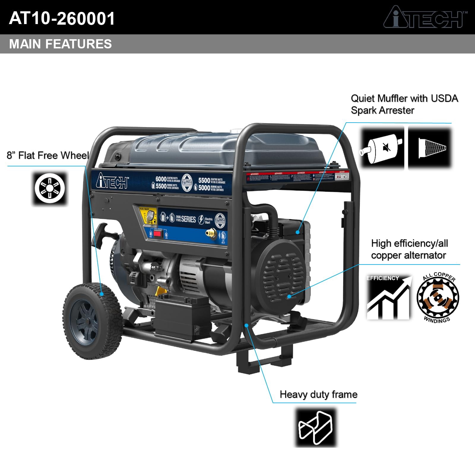 A-iTech 6000 Watt Electric Start Gas & Propane Powered Portable Generator with CO Sensor