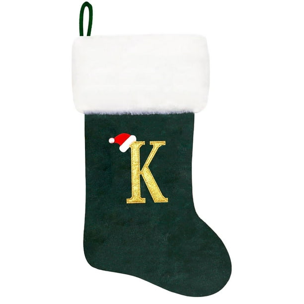 Eoocan Medias navideñas con monograma de 20 pulgadas, terciopelo verde con puño de felpa súper suave blanco, medias navideñas bordadas, decoración clásica personalizada para decoración de temporada na
