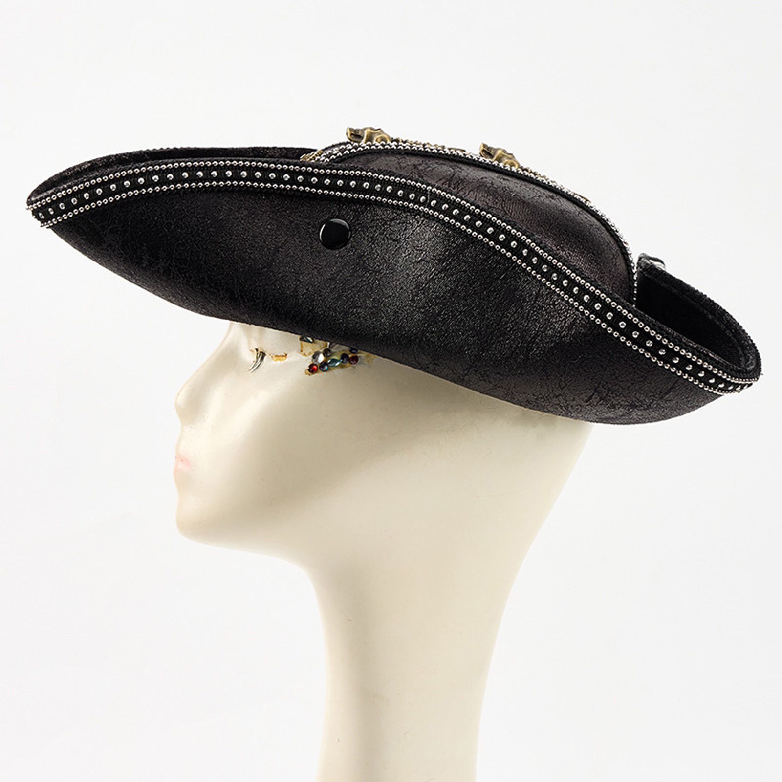 Doomiva Faux Leather Pirate Hat Colonial Medieval Tricorn Hats for Men Women Carnival Party Hat Cap Black One Size
