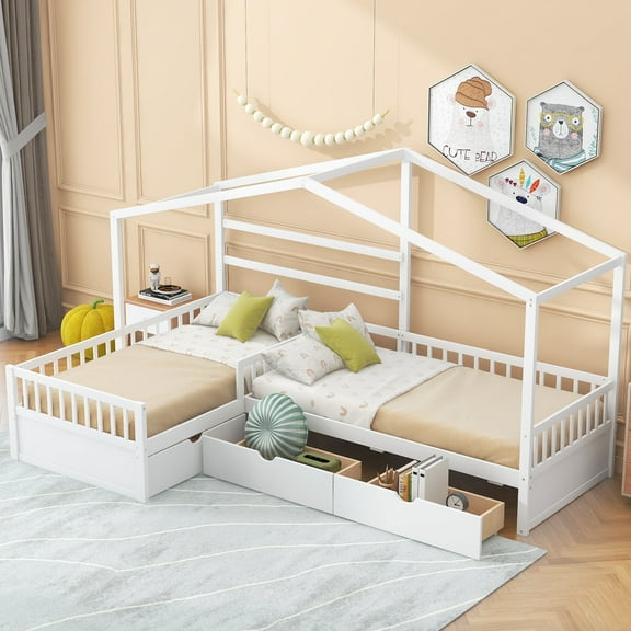 Bellemave House Bed Double Twin Beds, Wood L-Shape Twin Bed with 3 Storage Drawers, Montessori Bed with Roof and Fencefor Toddler Kids Girls Boys (White)
