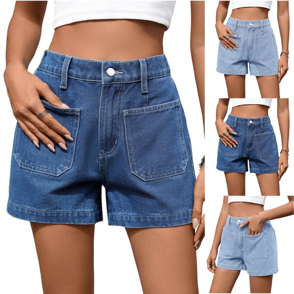 Women's Elastic Waist Shorts with Pockets, Casual Cotton Stretch Shorts, Soft High Waist Denim Shorts for Women, Summer Daily Wear Lounge | VerBelle,Dark Blue L
