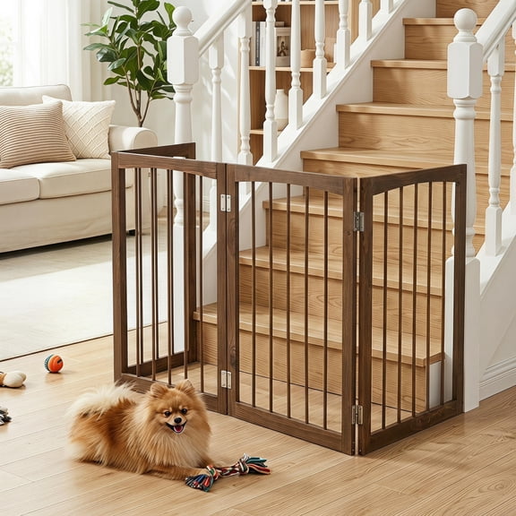 83 Inch L X 30 Inch H Dog Gate, 4-Panel Wooden Pet Fence, Freestanding Indoor Brown