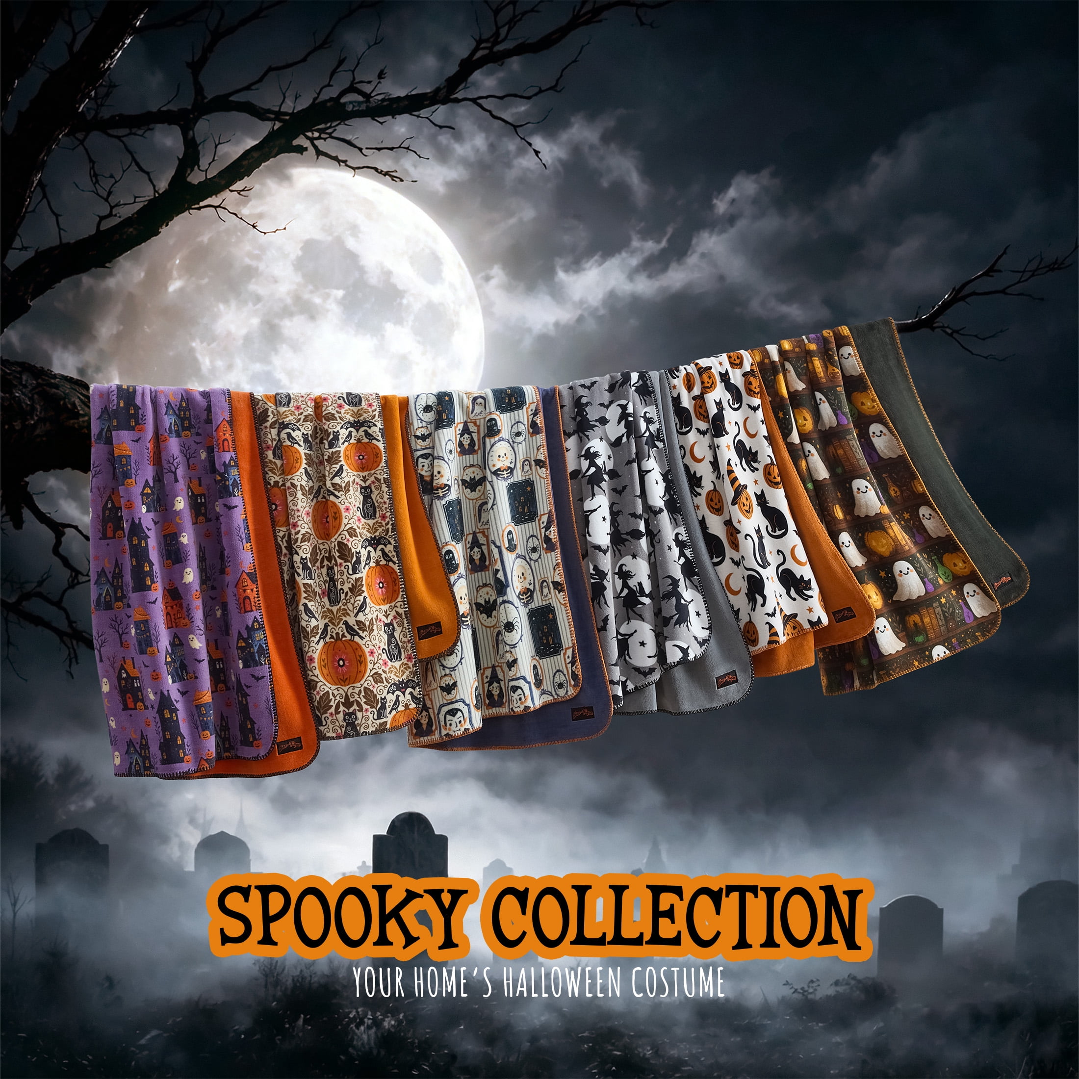 Boo-tique Halloween Reversible Oversized Couch Throw Blanket, Haunted Houses, Purple, 50 x 72 in