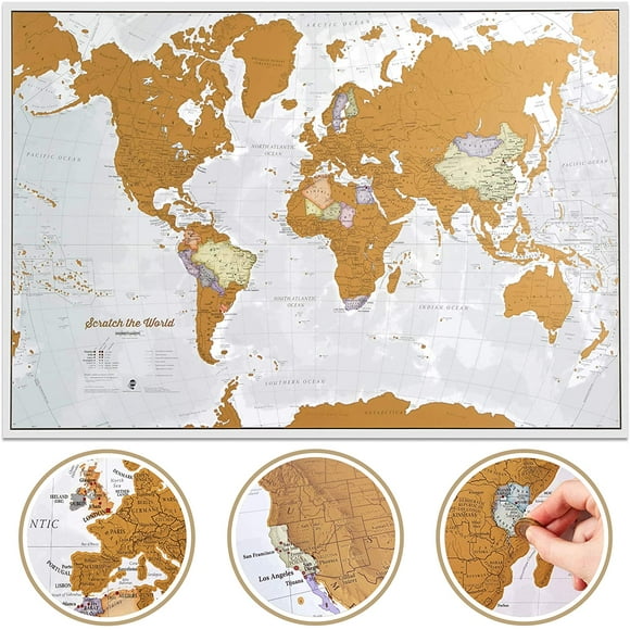 Scratch The World Travel Map - Scratch Off World Map Poster - X-Large 33 x 23 - Kartokner - 50 Ans de Cartographie - Détail Cartographique avec les Frontières du Pays et de l'État