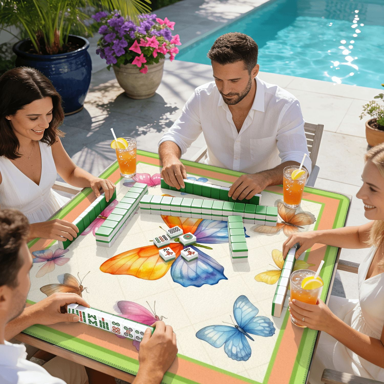 Mahjong Mat 31.5" x 31.5" Colorful Watercolor Butterflies Vibrant Orange Blue Pink Yellow Wings Non-Slip Noise Reduction American Mahjong Tiles Table Cover for Dominoes Poker Card Board Games Gift