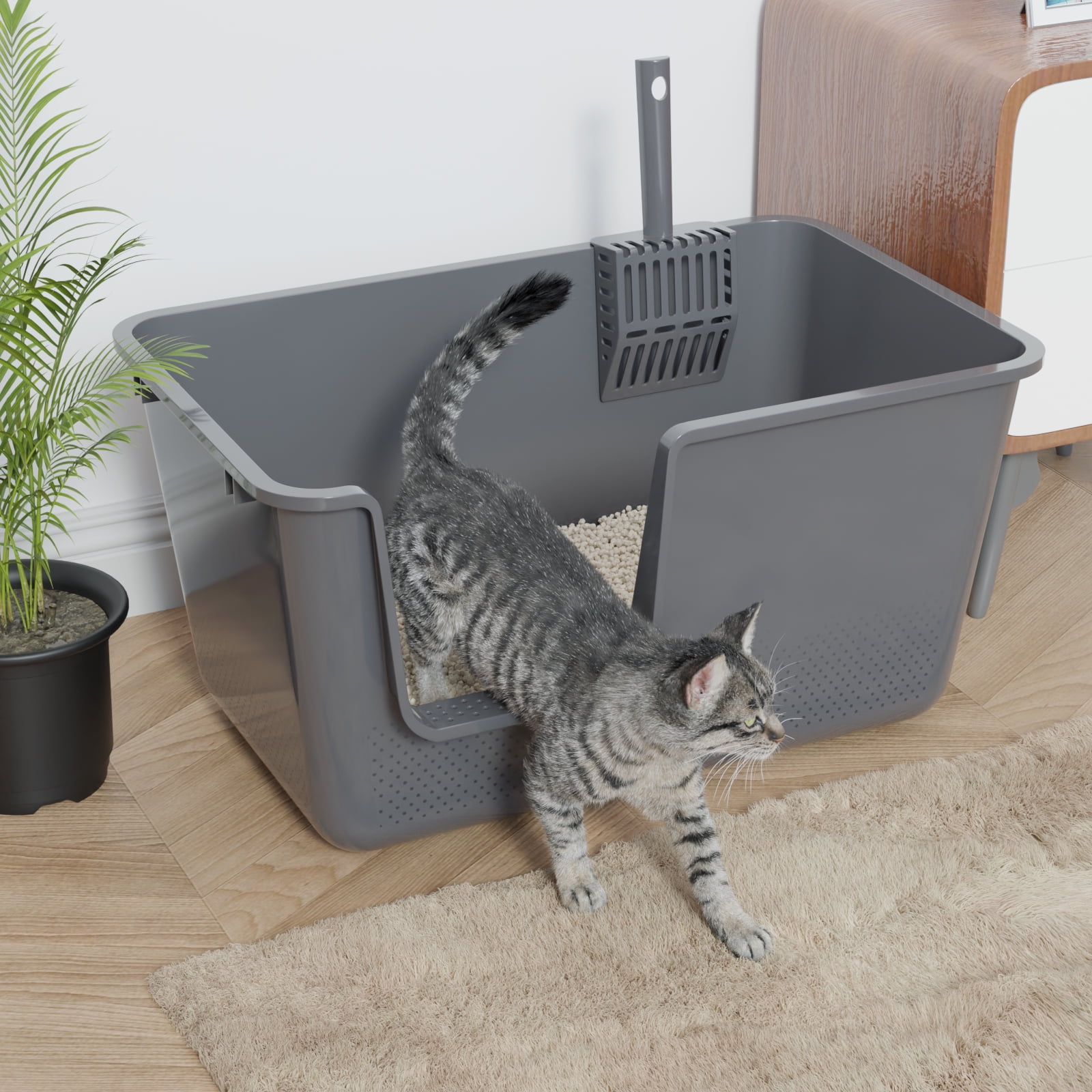 Yesdate Open Cat Litter Box, Large Standard Litter Box, Kitten Litter Potty Pan for Small & Large Cats, Easy to Clean, Low Entry, 4 Units, Grey