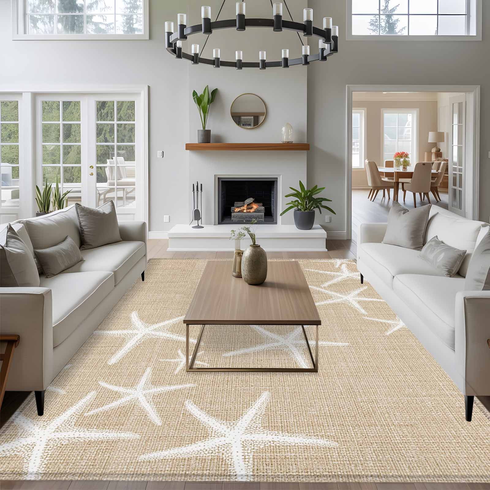 Rectangle Area Rugs 8 x 10 Ft, Coastal Starfish Non-Slip Residential Carpet, Summer Ocean Waves Ombre Sea Beige Indoor Crawling Mats Runner Rugs for Living Room/Dining Room/Bedroom