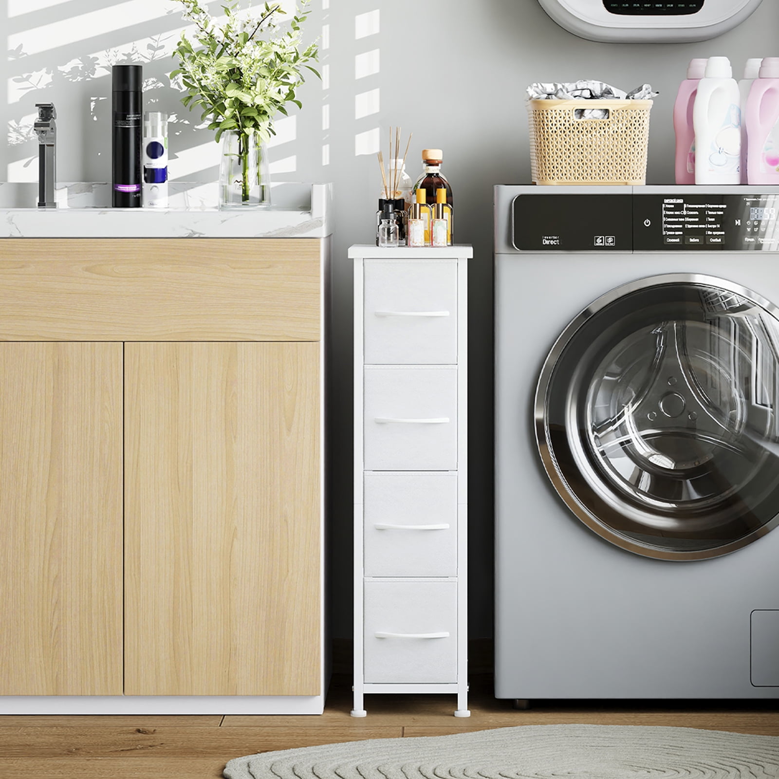Eunos Narrow Dresser with 4 Slim Drawers for Bathroom Storage Cabinet Hallway, White Leather