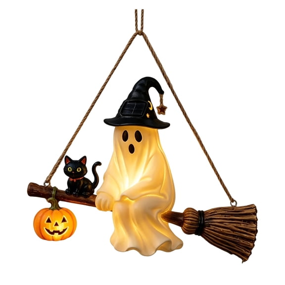 NKOOGH Solar Hanging Halloween Light with Witch Cat and Pumpkin Design,100mAh,1PC