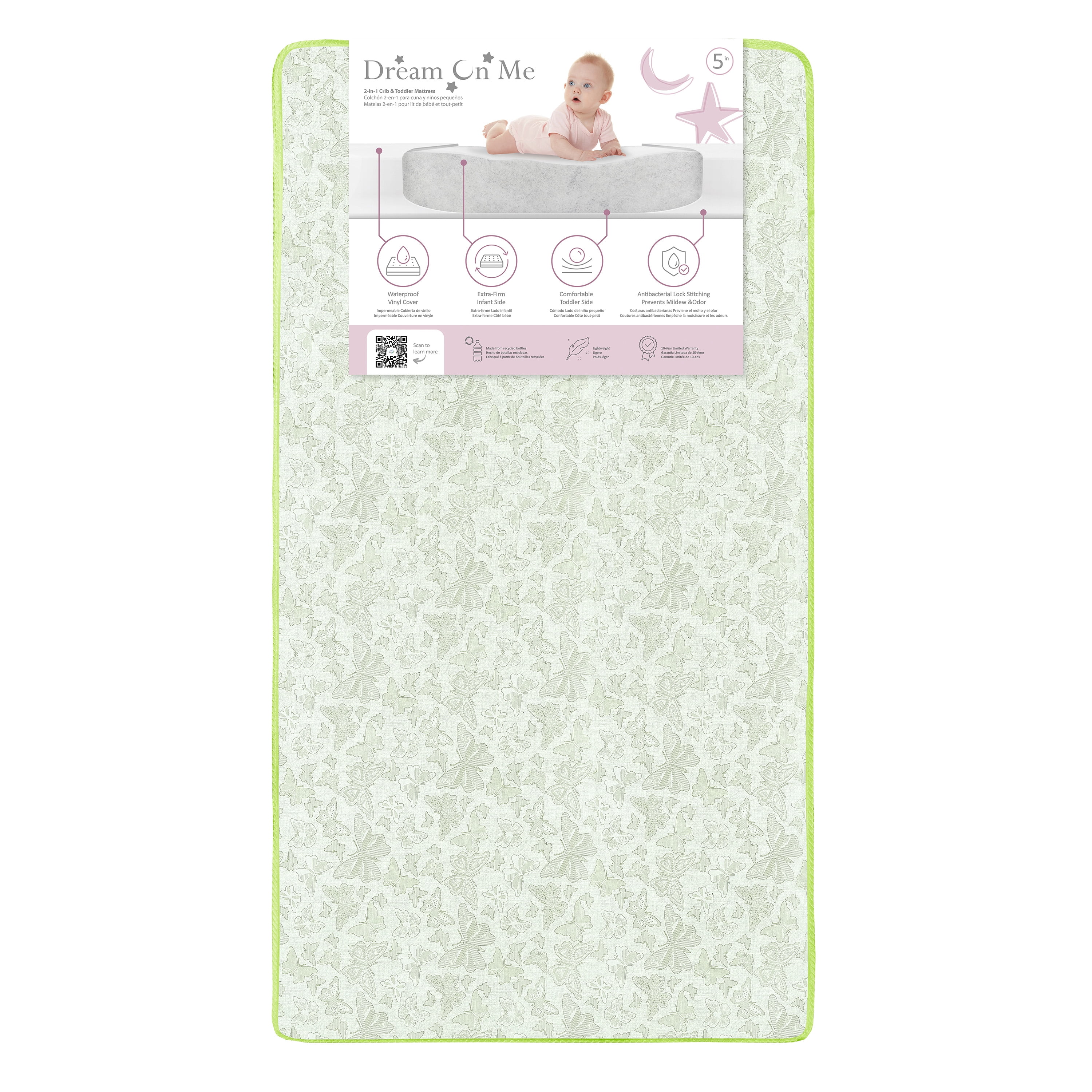 Dream On Me Butterfly Meadow Firm Fiber Crib & Toddler Mattress | Waterproof Vinyl Cover | Greenguard Gold & JPMA Certified | Lightweight | Green Butterfly Meadow
