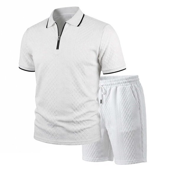 hotojiny Mens Summer Track Suits 2 Piece Shorts Sets Short Sleeve Sweatsuit Outfits Quarter Zip Golf Shirts Loungewear(White,X-Large)