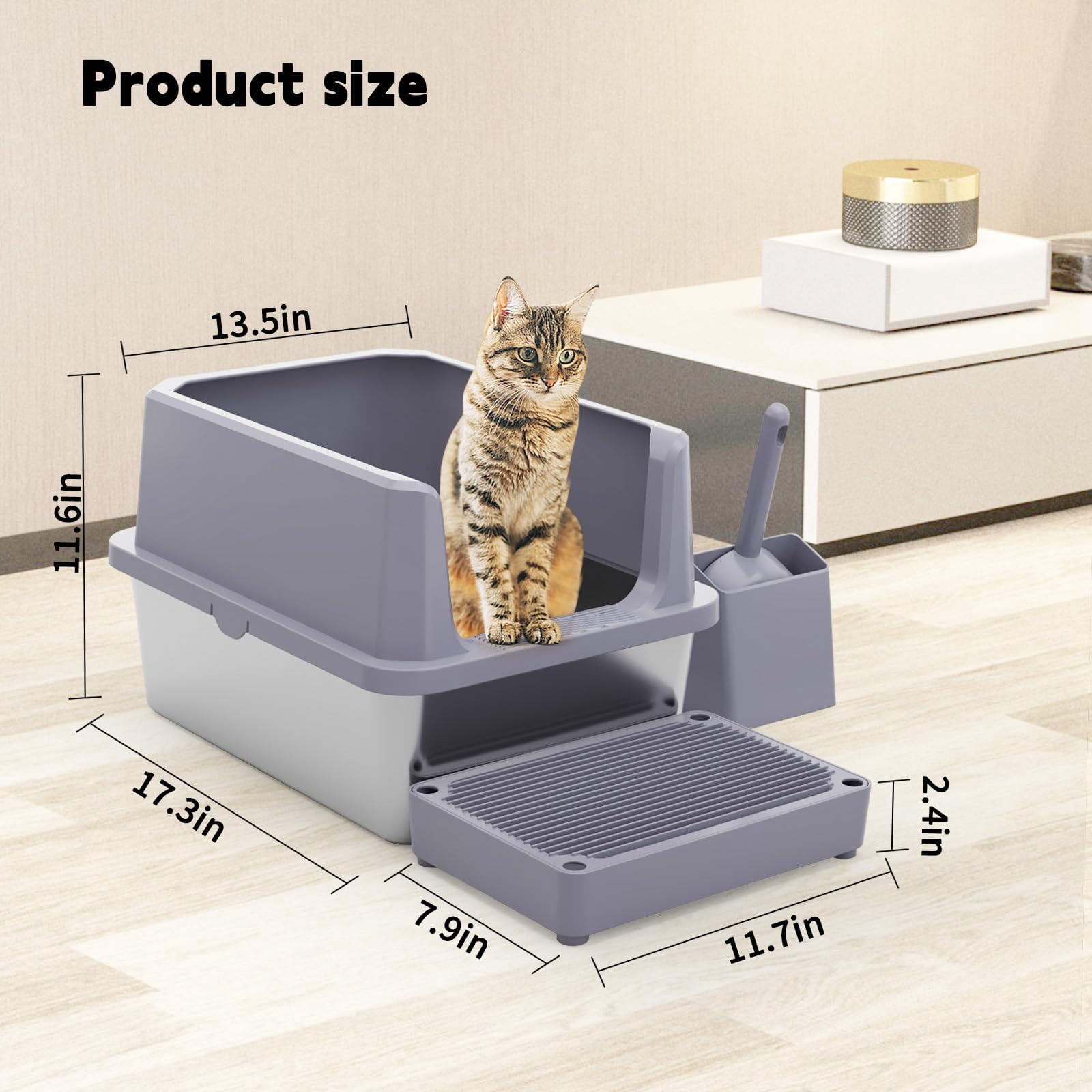 Cat Litter Box: Pink Stainless Steel Won't Trap Odors - Easy Rinse Clean Non-porous Open Top Design 11.6" High Sides 17.3"x13.5" With Scoop Studio Apartment/bathroom