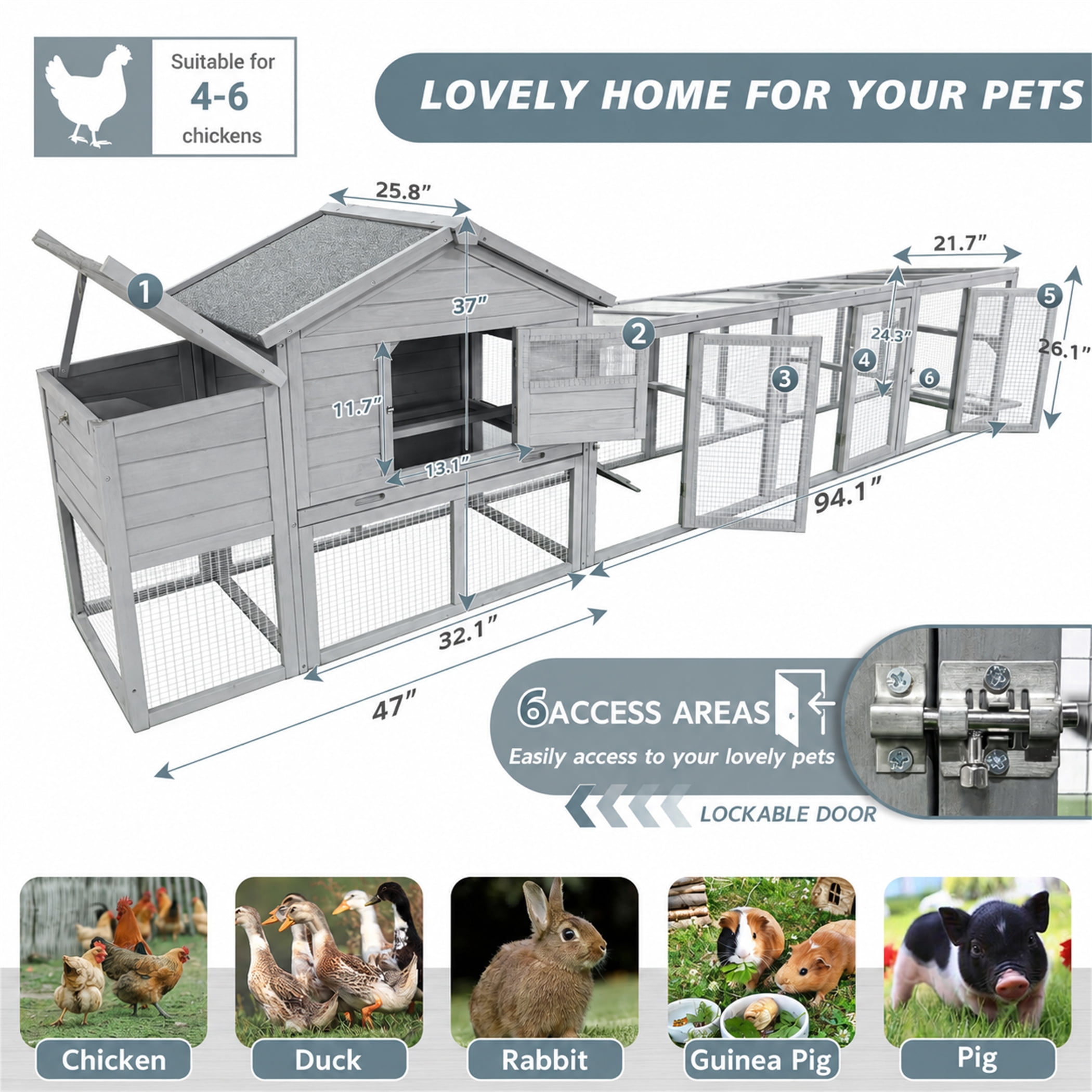 Aukfa 141" Extra Long Chicken Coop Wooden 2 Tier Chicken Run Cage with Nesting Boxes, UV Panel, Free-range Door for Outdoor, Backyard, Gray