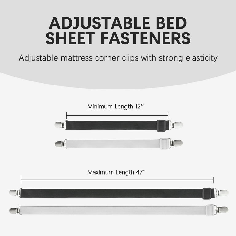 2PCS Sheet Straps Elastic Fastener Adjustable Bed Sheet Holder Straps with  Harmless Buckle Sheet Clips Design (4 in 1 Belt with 8 Clips), White 
