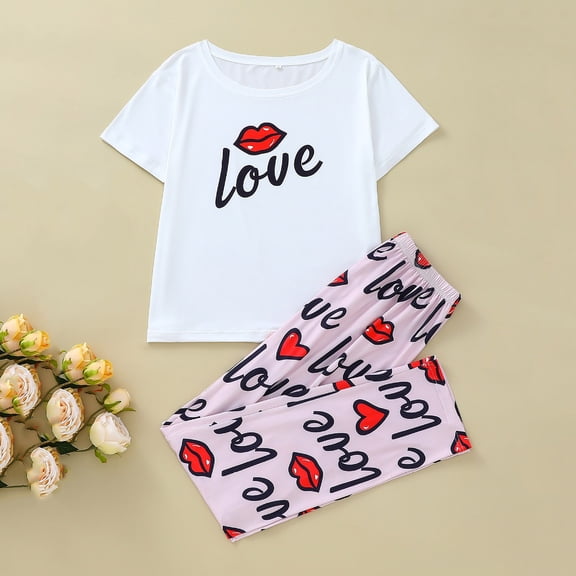 EchfiProm Womens Pajamas Short Sleeve with Pants Sleepwear Set White Valentines Cozy 2 Piece Pjs for Young Women