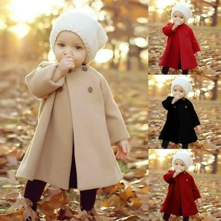 

GYRATEDREAM Toddler Baby Girl Fall Woolen Coats Snowsuit Solid Long Sleeve Button Jacket Outwear for 0-4 Years