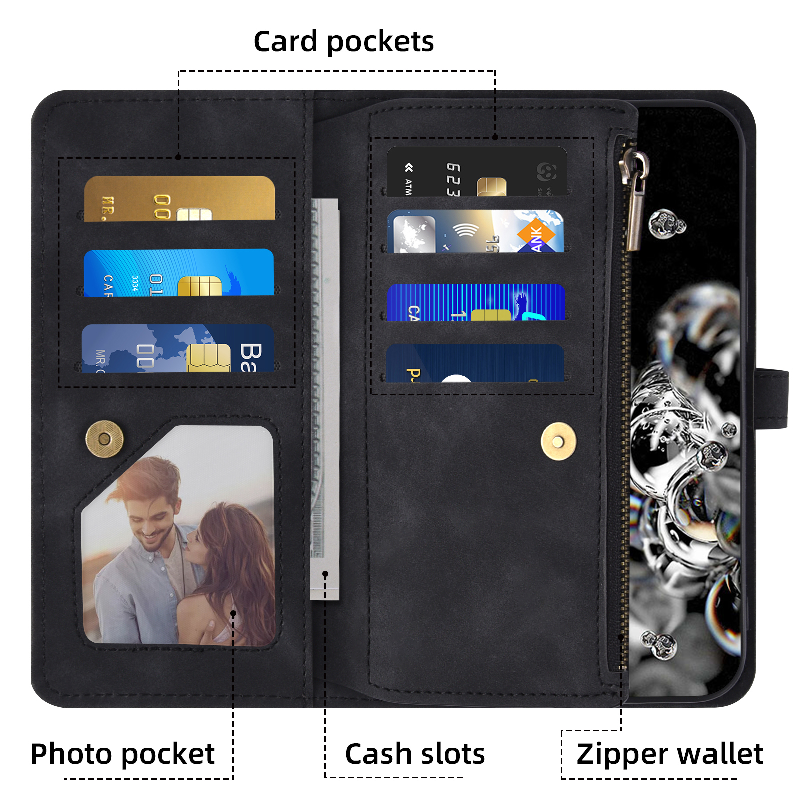 Asuwish Phone Case for Samsung Galaxy S20 Ultra 5G Wallet Cover With Tempered Glass Screen Protector Wrist Strap Flip Pattern Zipper Credit Card Holder Cell S20ultra 20S S 20 A20 S2O 20ultra G5 Black