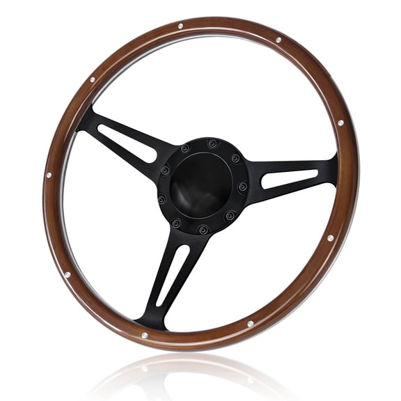 LOSCHEN 14 Inch 9 Hole Disc Wooden Steering Wheel, Mahogany Grip Aluminum Alloy Spokes, Universal 9 Bolt Car Steering Wheel with Horn Cover