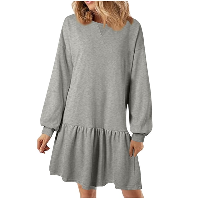 Lovzfmll Robe Mode Femme Couleur Unie Manches Longues Col Rond Gris, 2TG