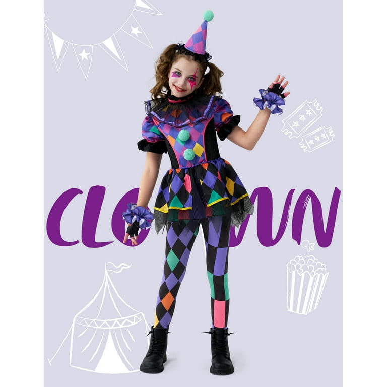 Joyfy Girls Clown Costume, Halloween Scary Clown Costume, Dark Colorful  Twisted Clown Jester Dress for Girls Halloween Dress Up, Role Play, Cosplay  Party - Walmart.com