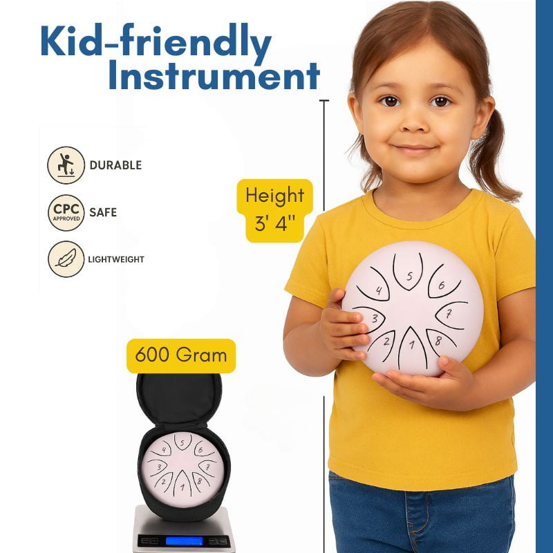 Sounds of Silence Steel Tongue Drum for Kids with Sing-Along Storybook, Mallets, and Carry Bag, 6 inch, 8 notes Pink