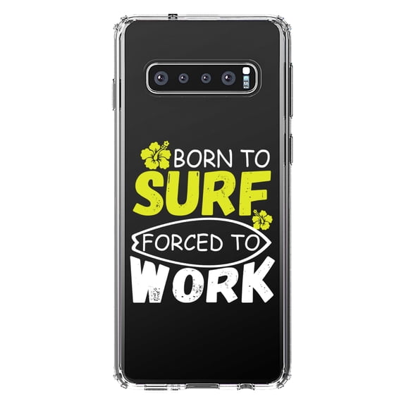 DistinctInk Clear Shockproof Hybrid Case for Samsung Galaxy S10 (6.1" Screen) - TPU Bumper Acrylic Back Tempered Glass Screen Protector - Born to Surf Forced to Work