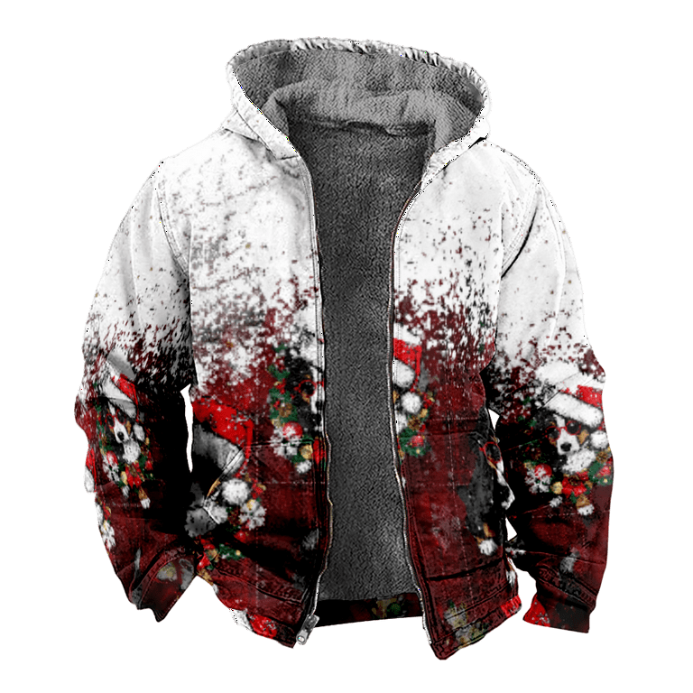 Mens Fleece Jacket-Christmas Snowflake Graphics Full Zip Hoodie Jacket for  Men,Winter Warm Cozy Fleece Hoodie Jacket,Red(L,DBHX)