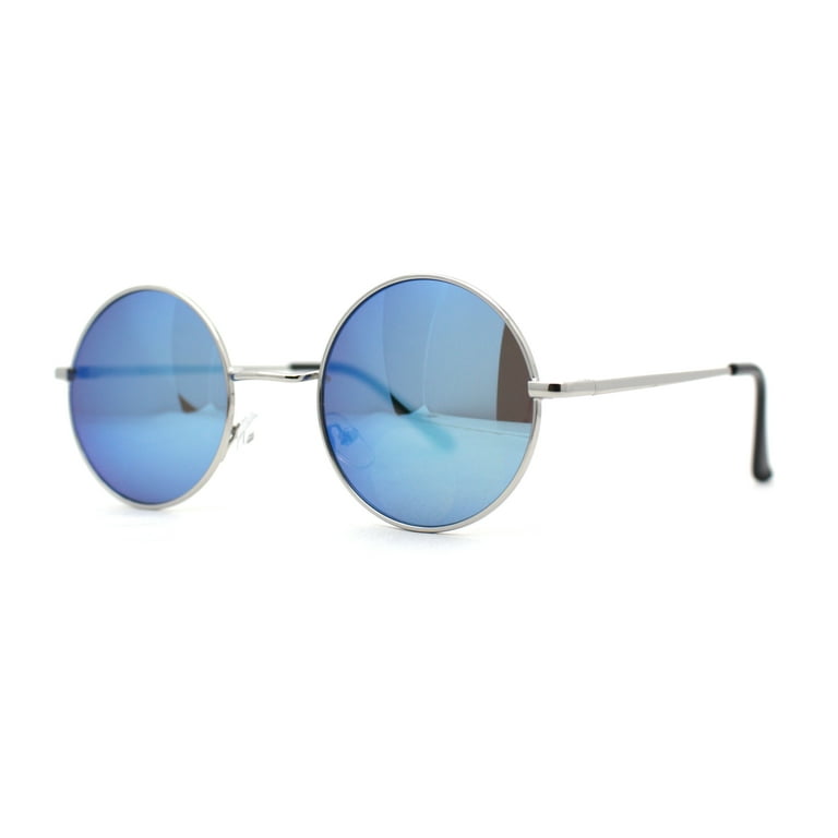 SA106 Color Mirror Iconic Hippie Round Circle Lens Metal Sunglasses Silver Blue Mirror, Adult Unisex, Size: One Size