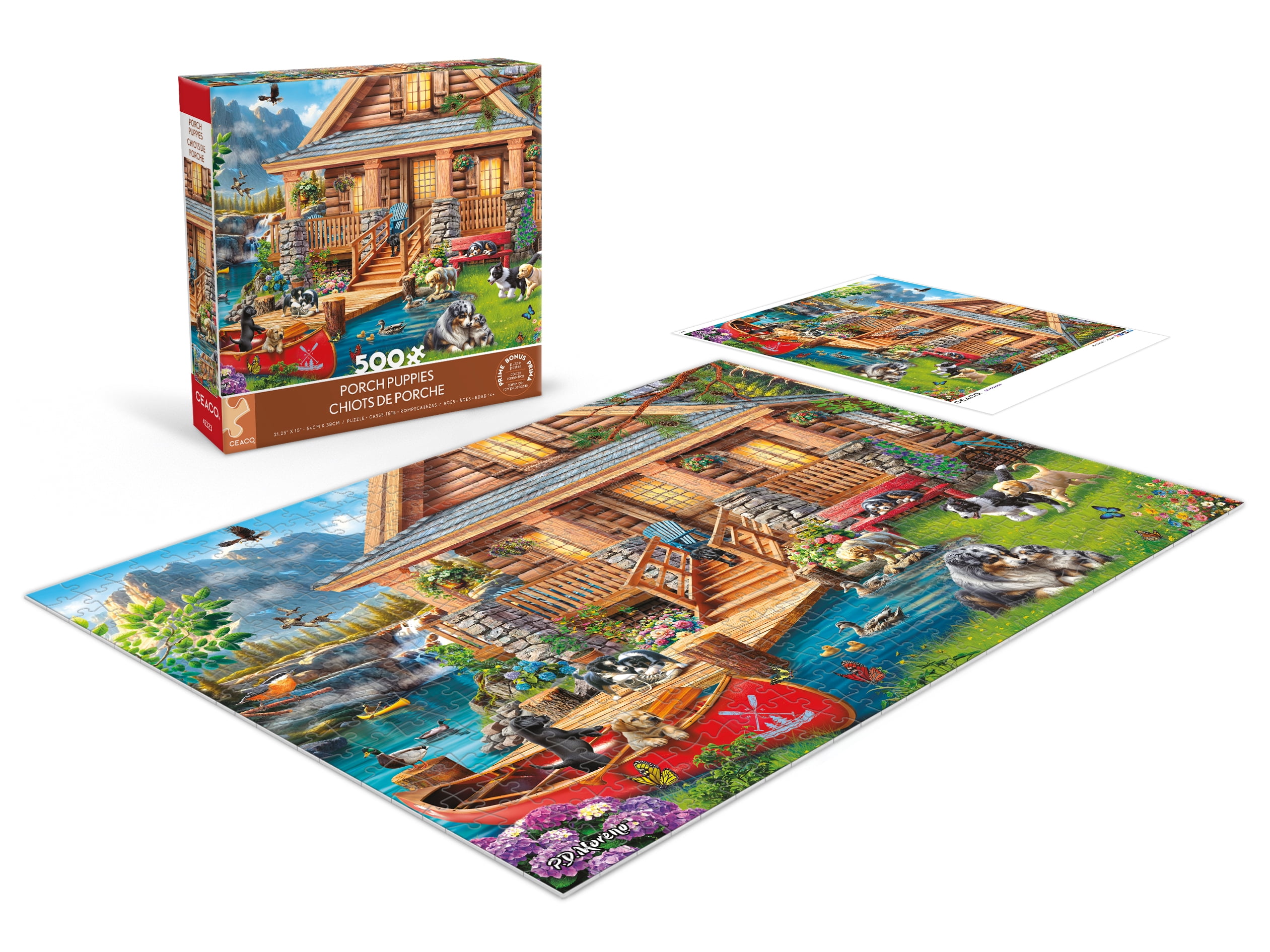 Ceaco P.D. Moreno Porch Puppies 500-Piece Interlocking Jigsaw Puzzle for Adults Ages 14+