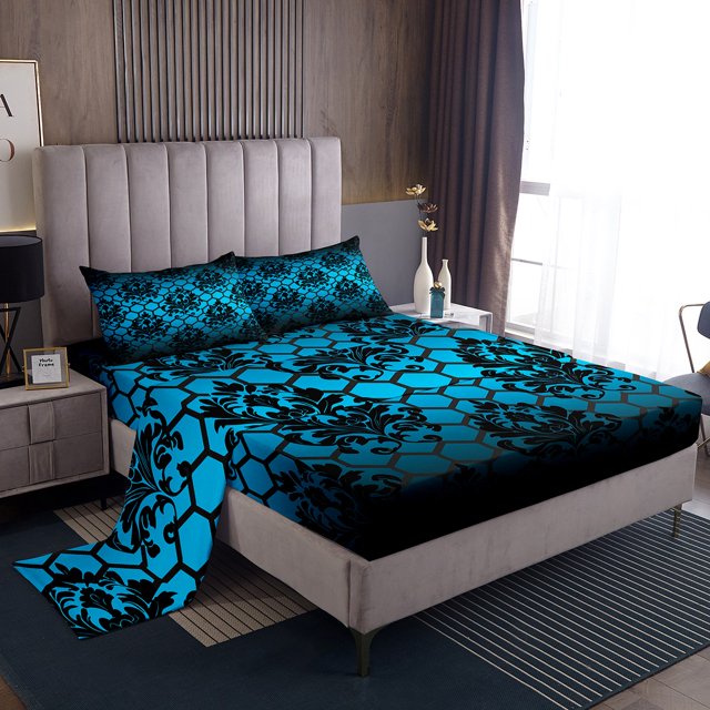 Erosebridal Retro Damask Sheet Set Full, Honeycomb Geometry Bedding Sets Full Size, Bohomian Style Decor
