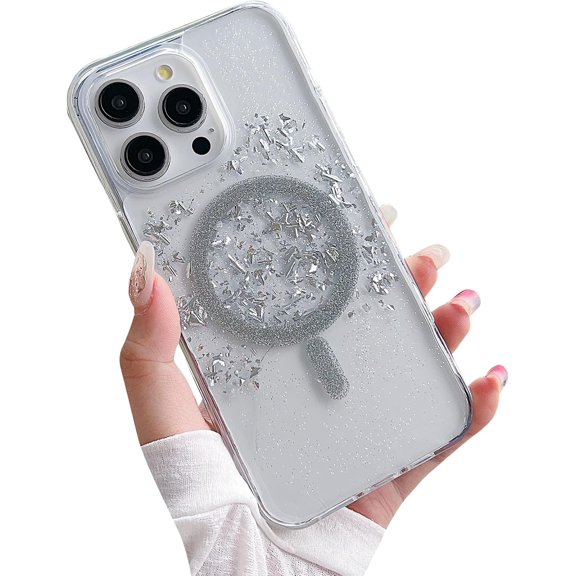 Magnetic Series Designed for iPhone Case,[Compatible with MagSafe&Wireless Charging][Military Drop & Camera Lens Protection],Clear Glitter Foil Shockproof Cover (Silver,iPhone 13)