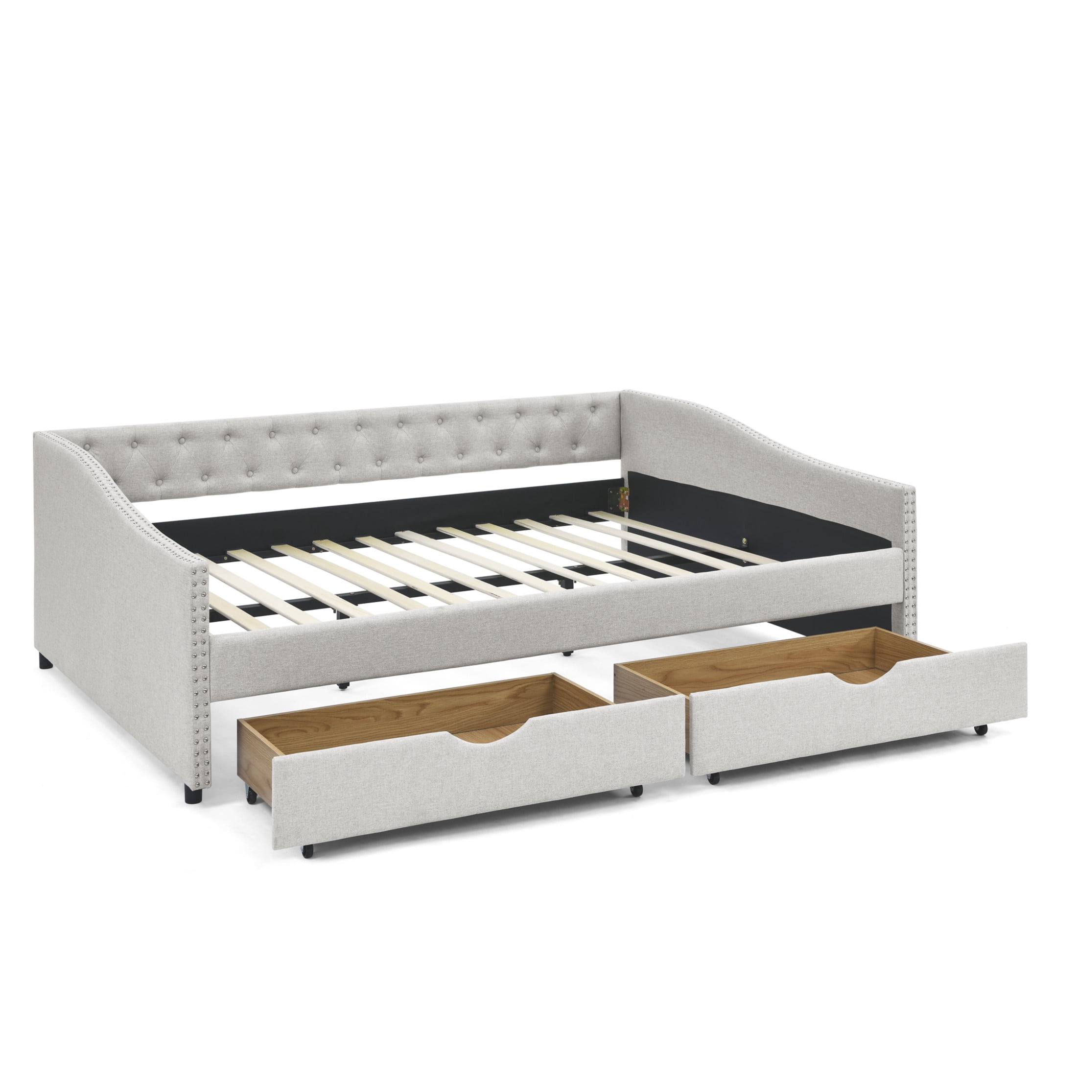 Noble House Queen Size Button Tufted Daybed, Linen Sofa Bed Frame with Storage Drawers and Nailhead Waved Arms, Beige