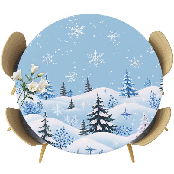 Round Fitted Tablecloths with Elastic Edge Winter Christmas Trees Oil-Proof Waterproof Wipeable Table Cover for Kitchen Dining Party Decor Snowflakes on Blue Background Table Clothes,36" - 44"