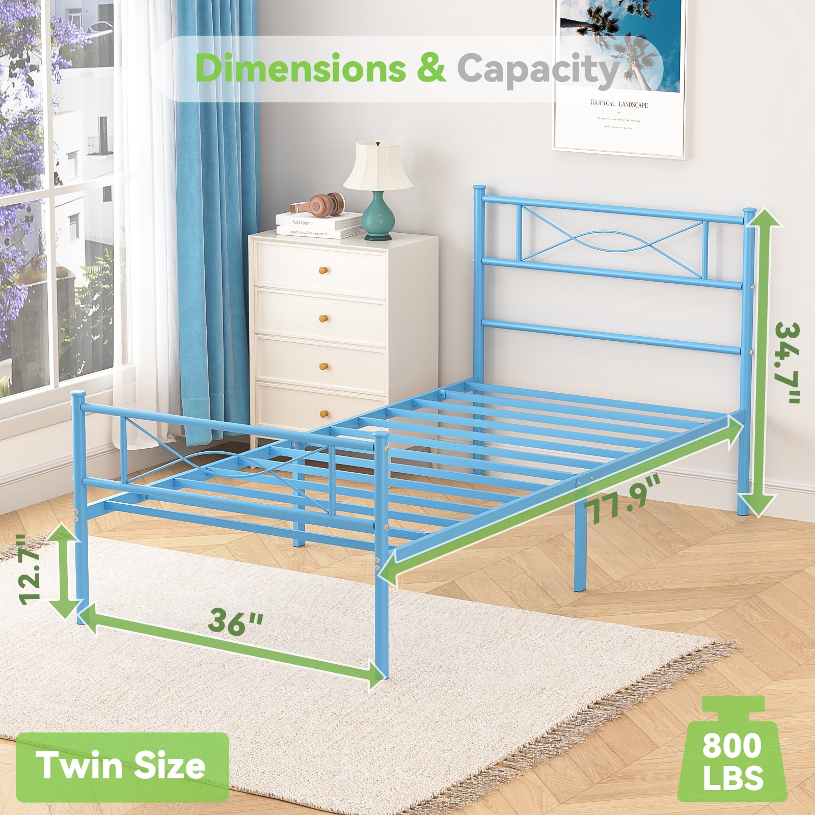 Yoneston Kids Twin Size Metal Platform Bed Frame Single Bed with Bowknot Headboards for Boys Bedroom Furniture – Light Blue