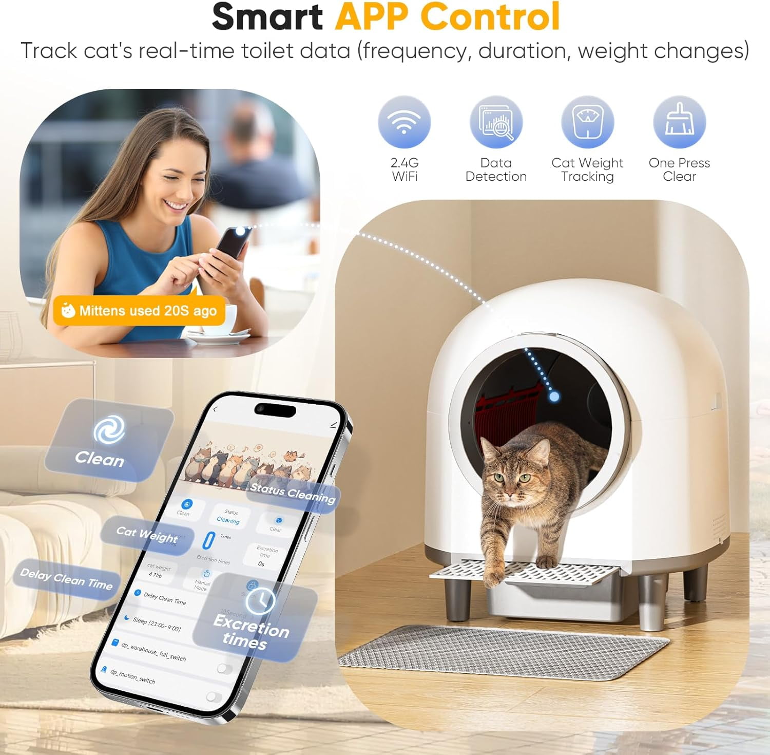 88L Large Self-Cleaning Automatic Cat Litter Box for Multiple Cats, Smart App Control, Health Monitoring, Safety Sensors, Odor Removal, with Mat & Liners (White)